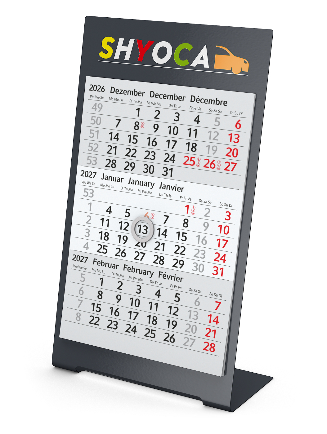 Tischkalender Desktop 3 Color Metallaufsteller farbbeschichtet, Kalendariumslaufzeit 2 Jahre