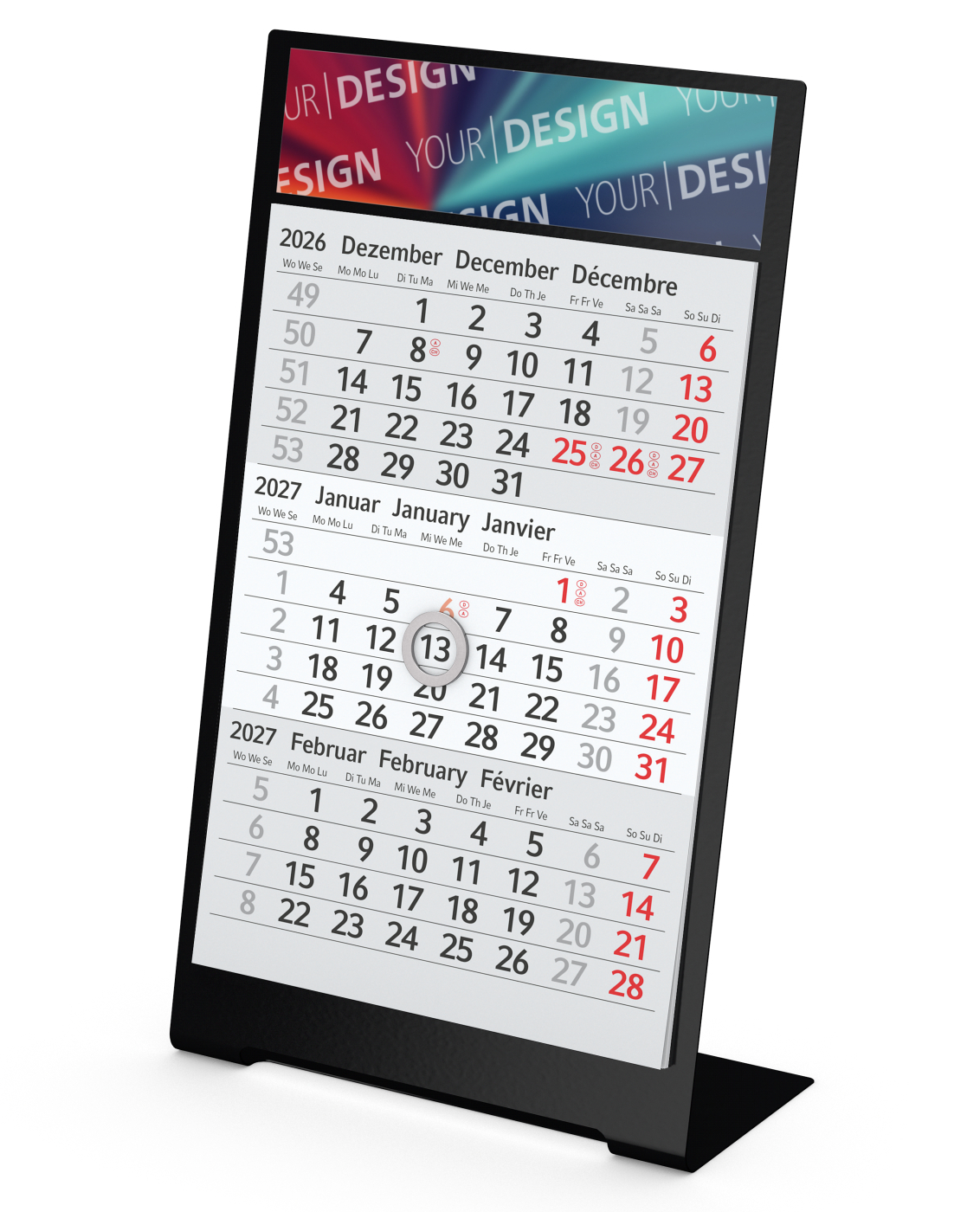 Tischkalender Desktop 3 Color Metallaufsteller farbbeschichtet, Kalendariumslaufzeit 2 Jahre