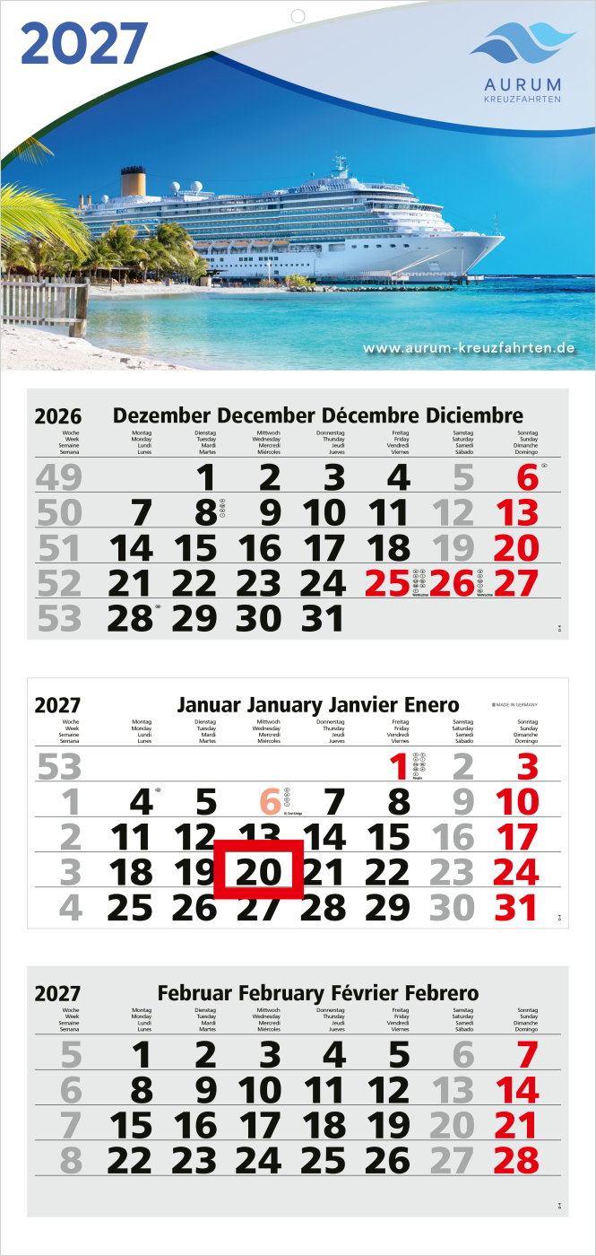 3-Monatskalender Mehrblock Medium Light 3 Werbung am Kopf