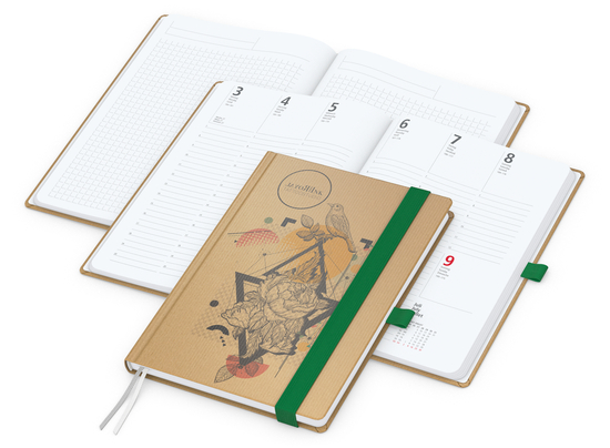 Wochenkalender vorne + Notizen hinten Match-Hybrid Papier-Hardcover, DIN A5, Einband-Material Naturpapier braun