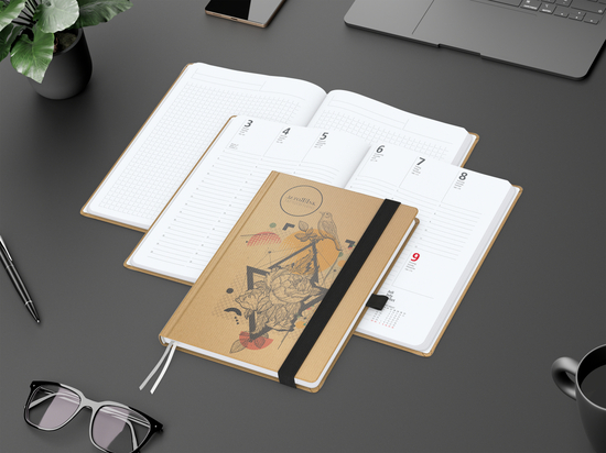 Wochenkalender vorne + Notizen hinten Match-Hybrid Papier-Hardcover, DIN A5, Einband-Material Naturpapier braun