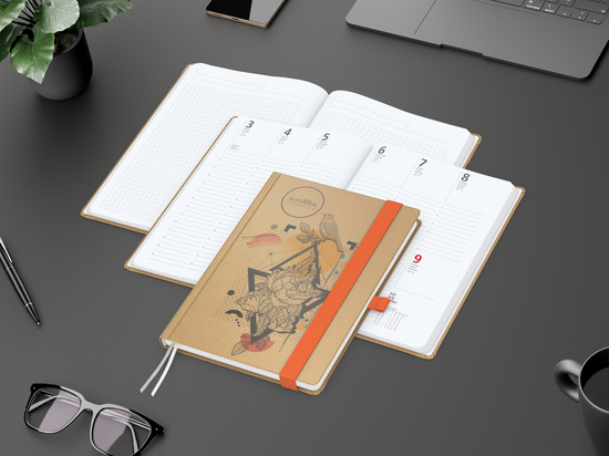 Wochenkalender vorne + Notizen hinten Match-Hybrid Papier-Hardcover, DIN A5, Einband-Material Naturpapier braun