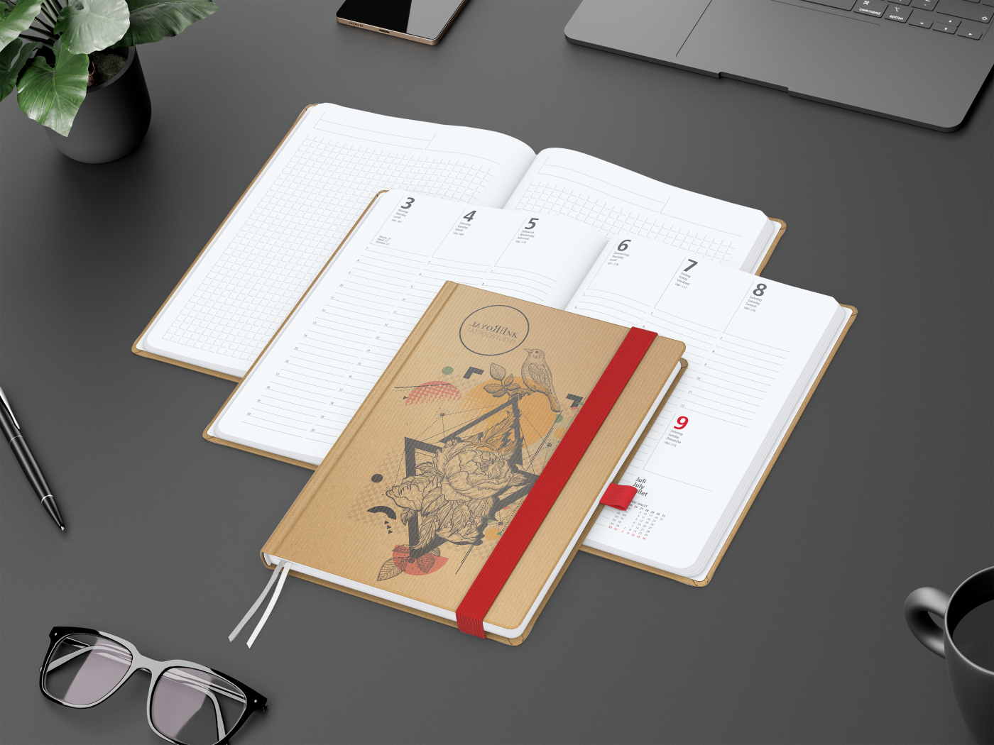 Wochenkalender vorne + Notizen hinten Match-Hybrid Papier-Hardcover, DIN A5, Einband-Material Naturpapier braun