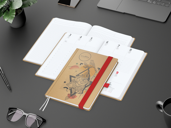 Wochenkalender vorne + Notizen hinten Match-Hybrid Papier-Hardcover, DIN A5, Einband-Material Naturpapier braun