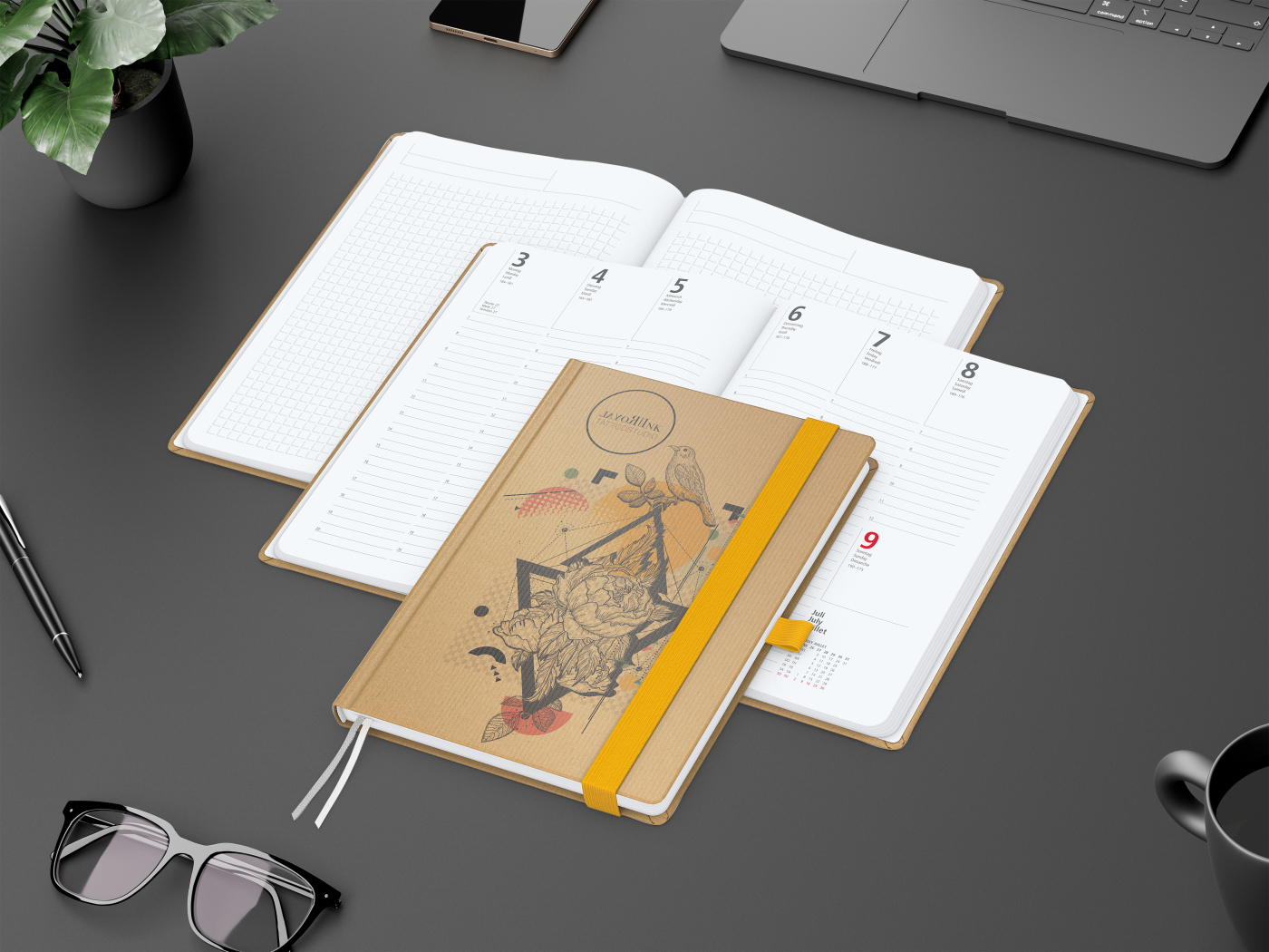Wochenkalender vorne + Notizen hinten Match-Hybrid Papier-Hardcover, DIN A5, Einband-Material Naturpapier braun