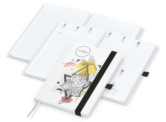 Wochenkalender vorne + Notizen hinten Match-Hybrid Papier-Hardcover, DIN A5, Einband-Material Naturpapier weiß