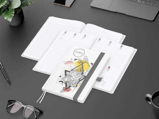 Wochenkalender vorne + Notizen hinten Match-Hybrid Papier-Hardcover, DIN A5, Einband-Material Naturpapier weiß