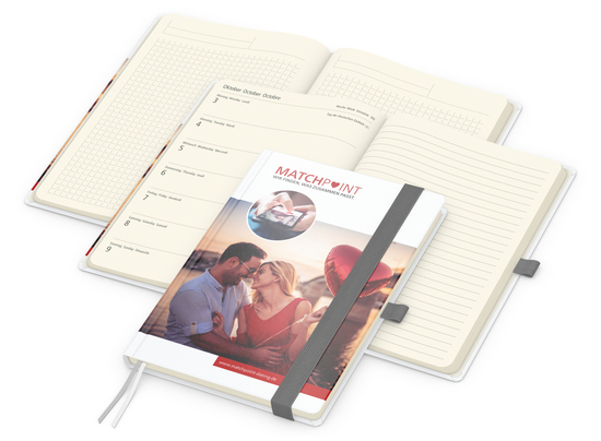 Wochenkalender links + Notizen rechts Match-Hybrid Papier-Hardcover A5, Einband-Material Papier glänzend