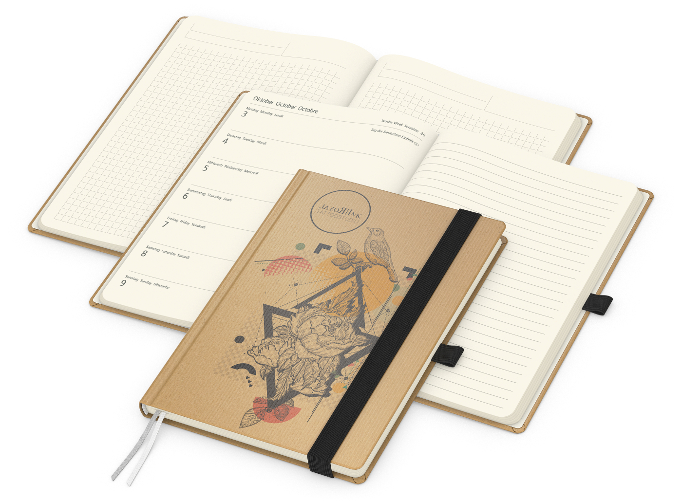 Wochenkalender links + Notizen rechts Match-Hybrid Papier-Hardcover A5, Einband-Material Naturpapier braun