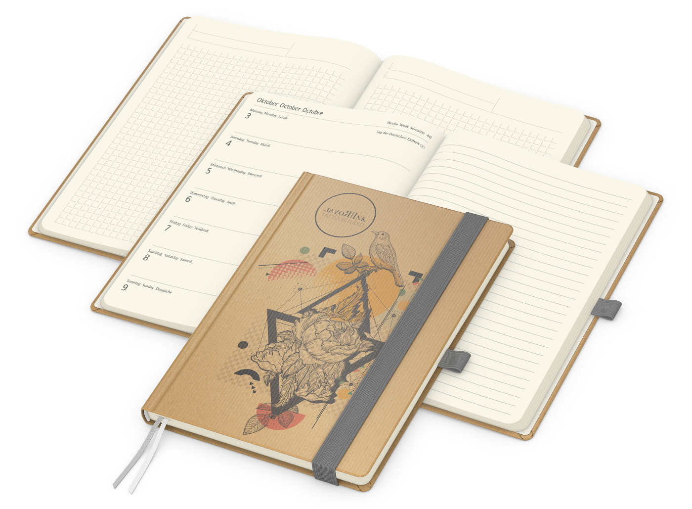 Wochenkalender links + Notizen rechts Match-Hybrid Papier-Hardcover A5, Einband-Material Naturpapier braun