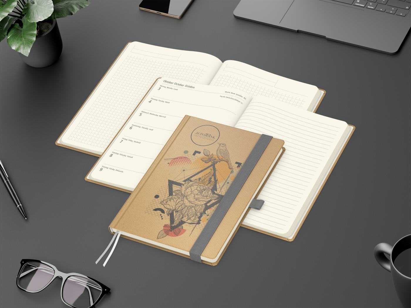 Wochenkalender links + Notizen rechts Match-Hybrid Papier-Hardcover A5, Einband-Material Naturpapier braun