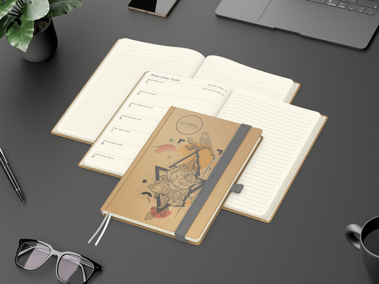 Wochenkalender links + Notizen rechts Match-Hybrid Papier-Hardcover A5, Einband-Material Naturpapier braun