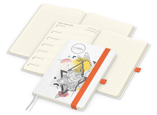 Wochenkalender links + Notizen rechts Match-Hybrid Papier-Hardcover A5, Einband-Material Naturpapier weiß