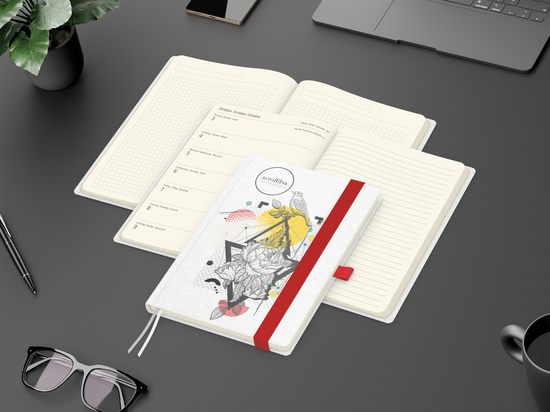 Wochenkalender links + Notizen rechts Match-Hybrid Papier-Hardcover A5, Einband-Material Naturpapier weiß