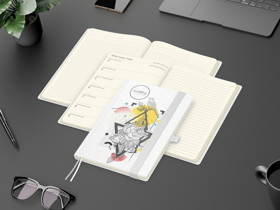 Wochenkalender links + Notizen rechts Match-Hybrid Papier-Hardcover A5, Einband-Material Naturpapier weiß