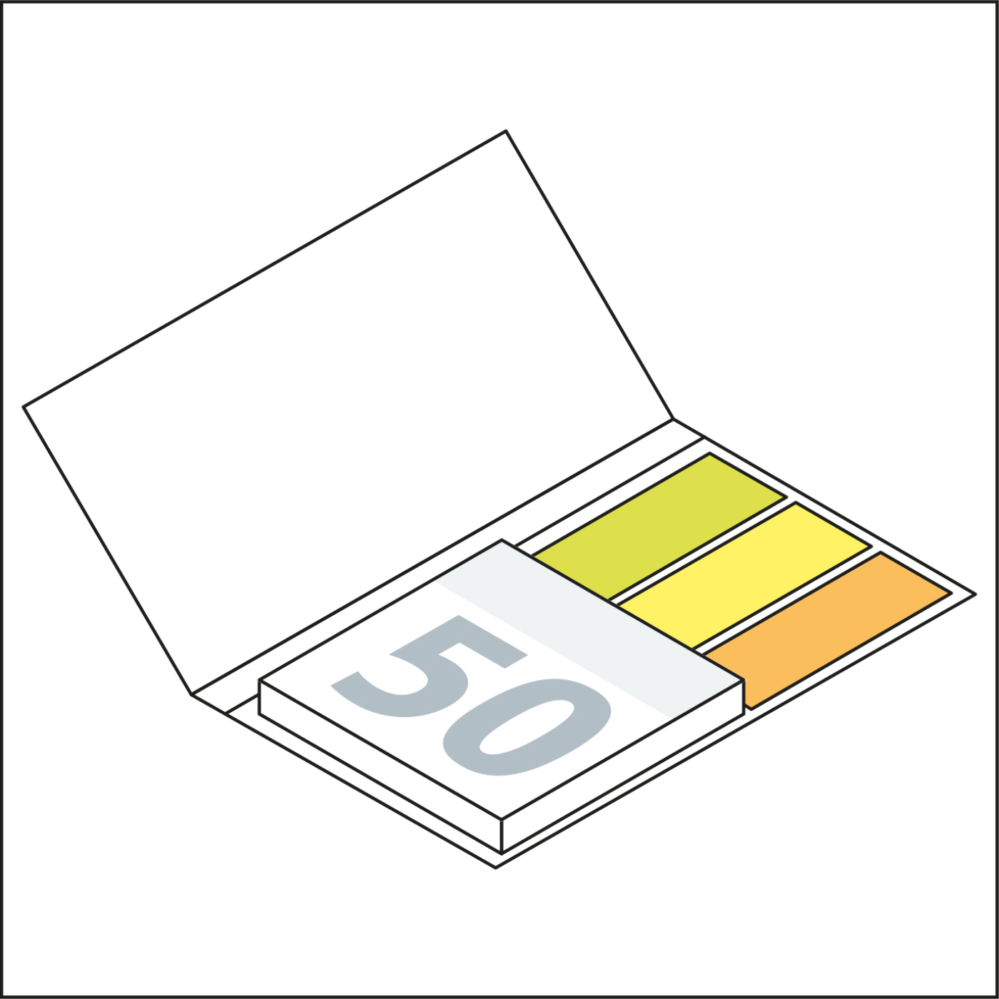 Haftnotiz-Set Berlin Zettel quadratisch Karton-Umschlag mit Buchöffnung, Haftmarker-Material durchgefärbtes Papier, Umschlag-Material Naturkarton weiß