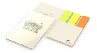 Haftnotiz-Set Berlin Zettel quadratisch Karton-Umschlag mit Buchöffnung, Haftmarker-Material durchgefärbtes Papier, Umschlag-Material Karton glänzend