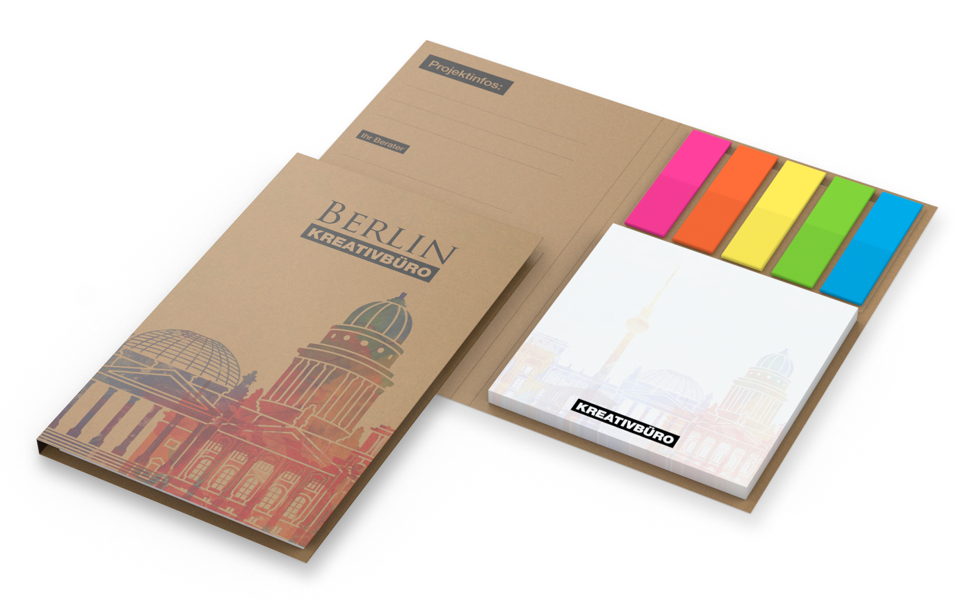 Haftnotiz-Set Berlin Zettel quadratisch Karton-Umschlag mit Buchöffnung, Haftmarker-Material transparente, farbige Folie, Umschlag-Material Naturkarton braun