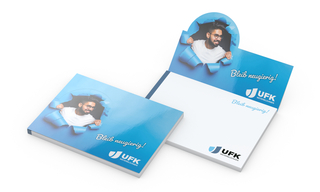 Haftnotizblock Cover Pop-Up Aufsteller formgestanzt Karton-Umschlag, Aufsteller-Formstanzung kleiner Halbkreis links