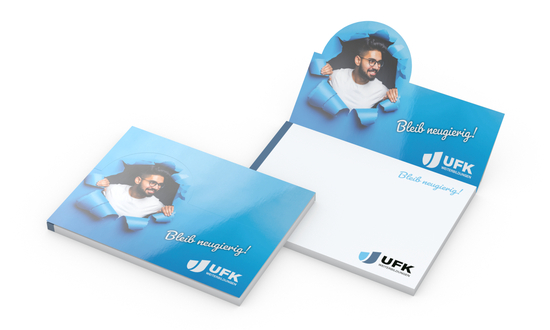 Haftnotizblock Cover Pop-Up Aufsteller formgestanzt Karton-Umschlag, Aufsteller-Formstanzung kleiner Halbkreis links
