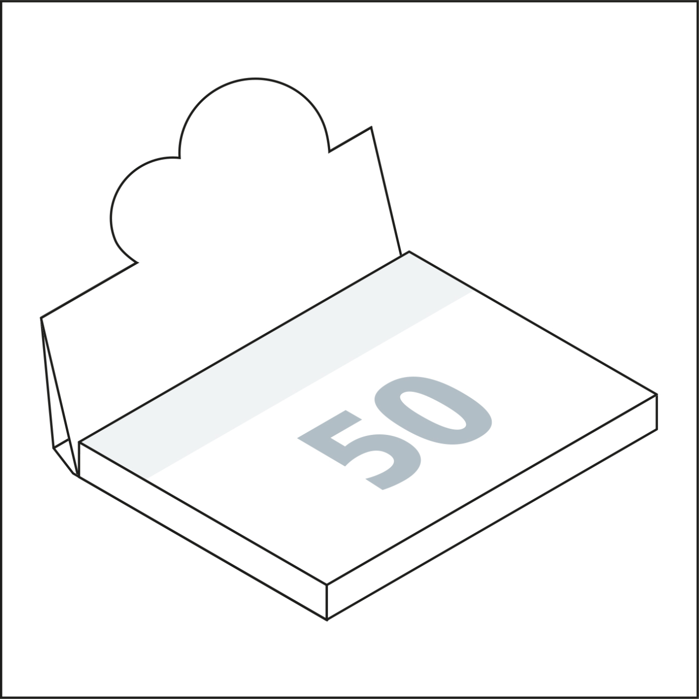 Haftnotizblock Cover Pop-Up Aufsteller formgestanzt Karton-Umschlag, Aufsteller-Formstanzung großer Halbkreis mittig