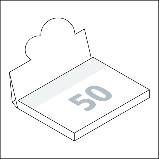 Haftnotizblock Cover Pop-Up Aufsteller formgestanzt Karton-Umschlag, Aufsteller-Formstanzung großer Halbkreis mittig