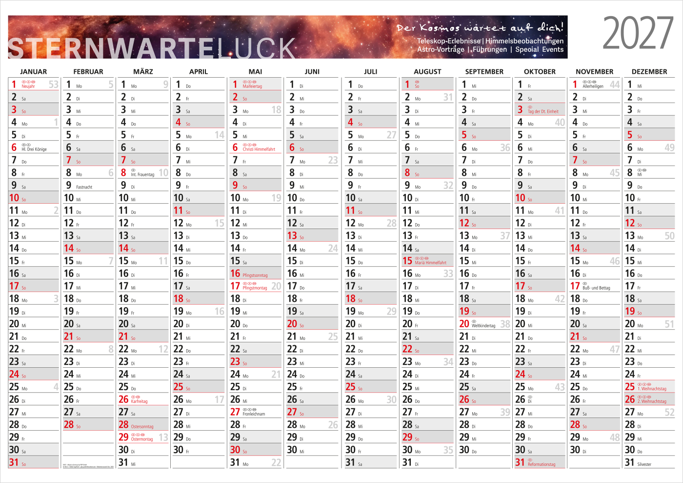 Wandplaner Cosmos 841 × 594 mm Jan. – Dez., Postoptimierung ja (gefalzt auf DIN A4)