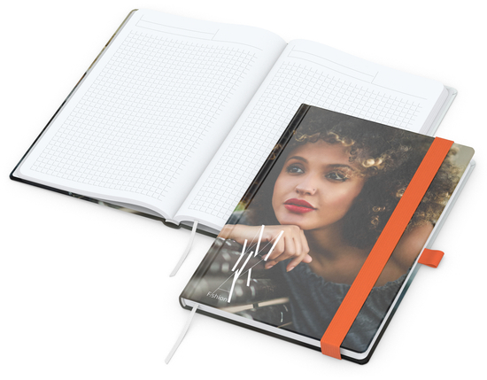 Notizbuch Match-Book White Bestseller, A5, Cover-Star, gloss-individuell, orange