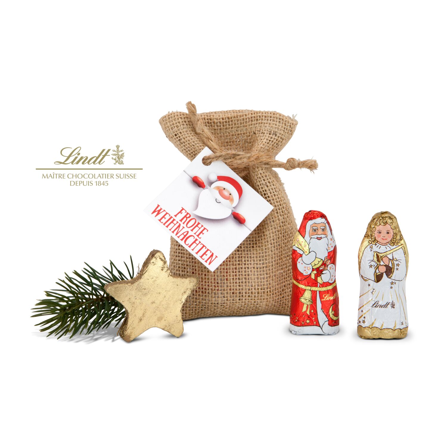 Ein weihnachtliches Mini-Jutesäckchen mit einem süßen Santa und Engel (je 10 g) von Lindt.