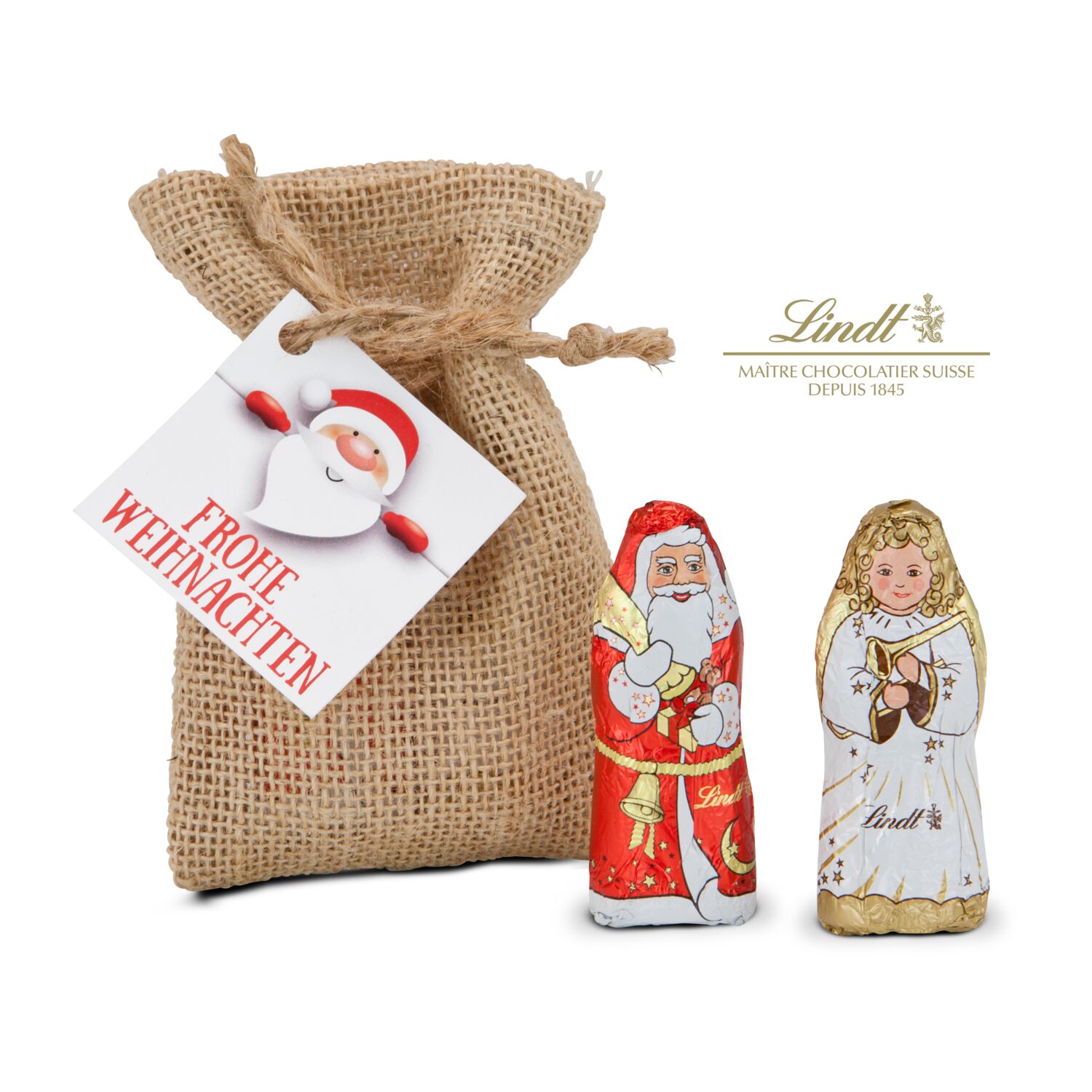 Ein weihnachtliches Mini-Jutesäckchen mit einem süßen Santa und Engel (je 10 g) von Lindt.