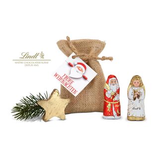 Ein weihnachtliches Mini-Jutesäckchen mit einem süßen Santa und Engel (je 10 g) von Lindt.