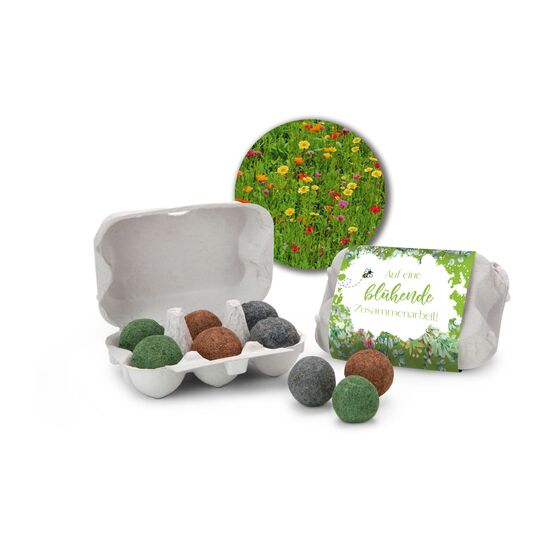 6 farbigen Samenbomben für eine bunte Bienenwiese in einer Mini-Eierschachtel mit Banderole: „Auf eine blühende Zusammenarbeit”