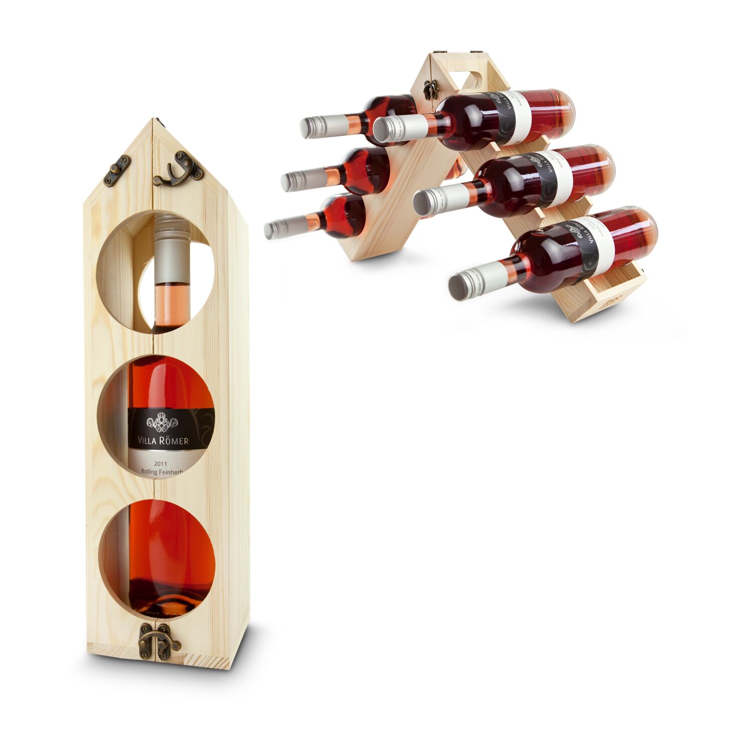 Weinkiste aus Fichtenholz für eine Flasche Wein, verwandelt sich in ein originelles Weinregal.