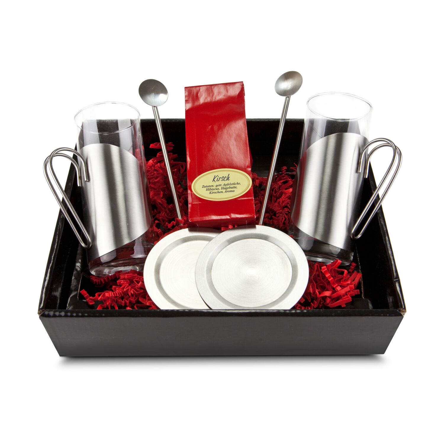 Teegenuss in Schwarz und Rot. Präsent mit 50 g Kirschtee und 2 schlanken Teegläser mit passenden Untersetzern und Löffeln.