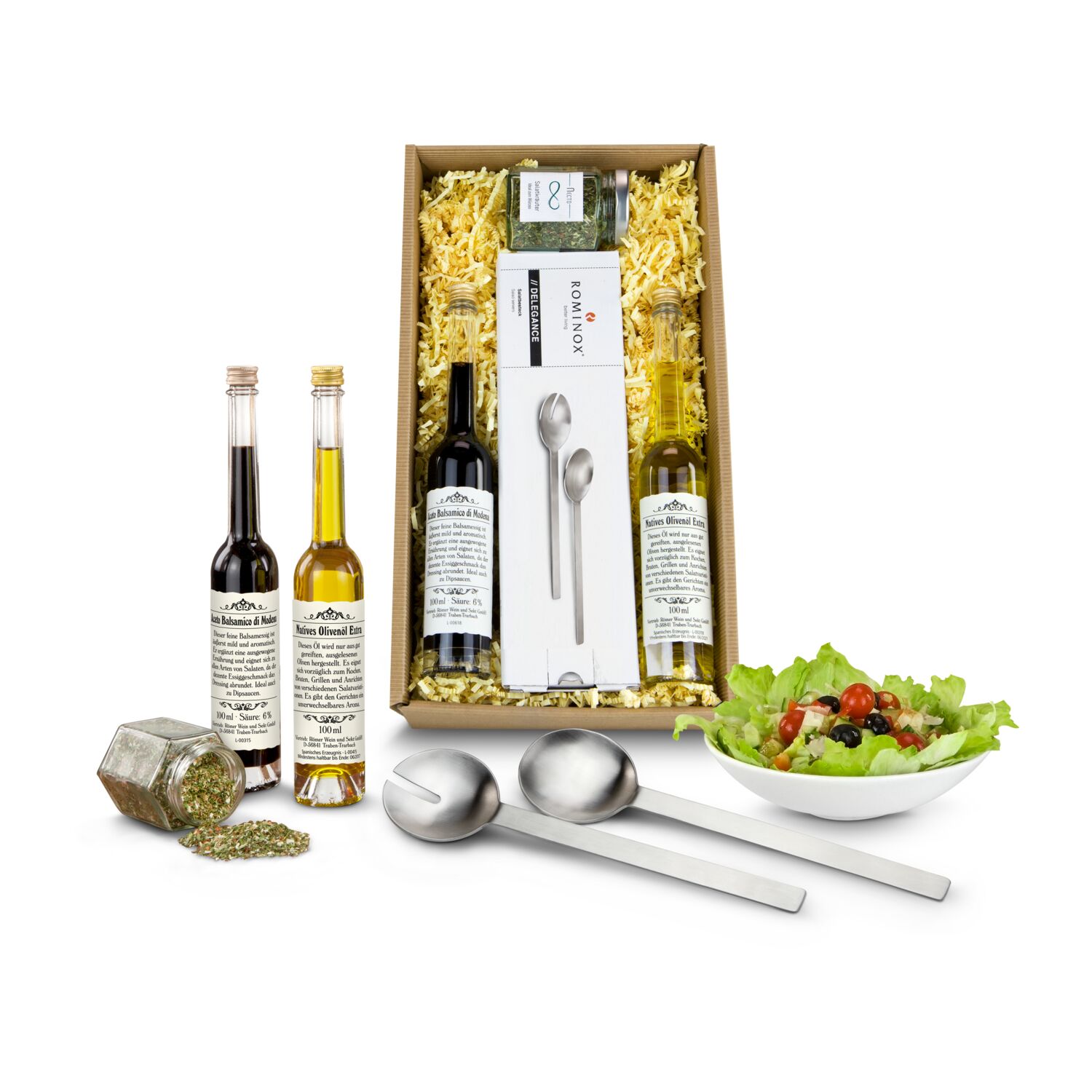 Gesund, fit & lecker. Geschenkset mit Salatbesteck aus Edelstahl, 100 ml Aceto Balsamico, 100 ml natives Olivenöl Extra &25 g Salatkräuter