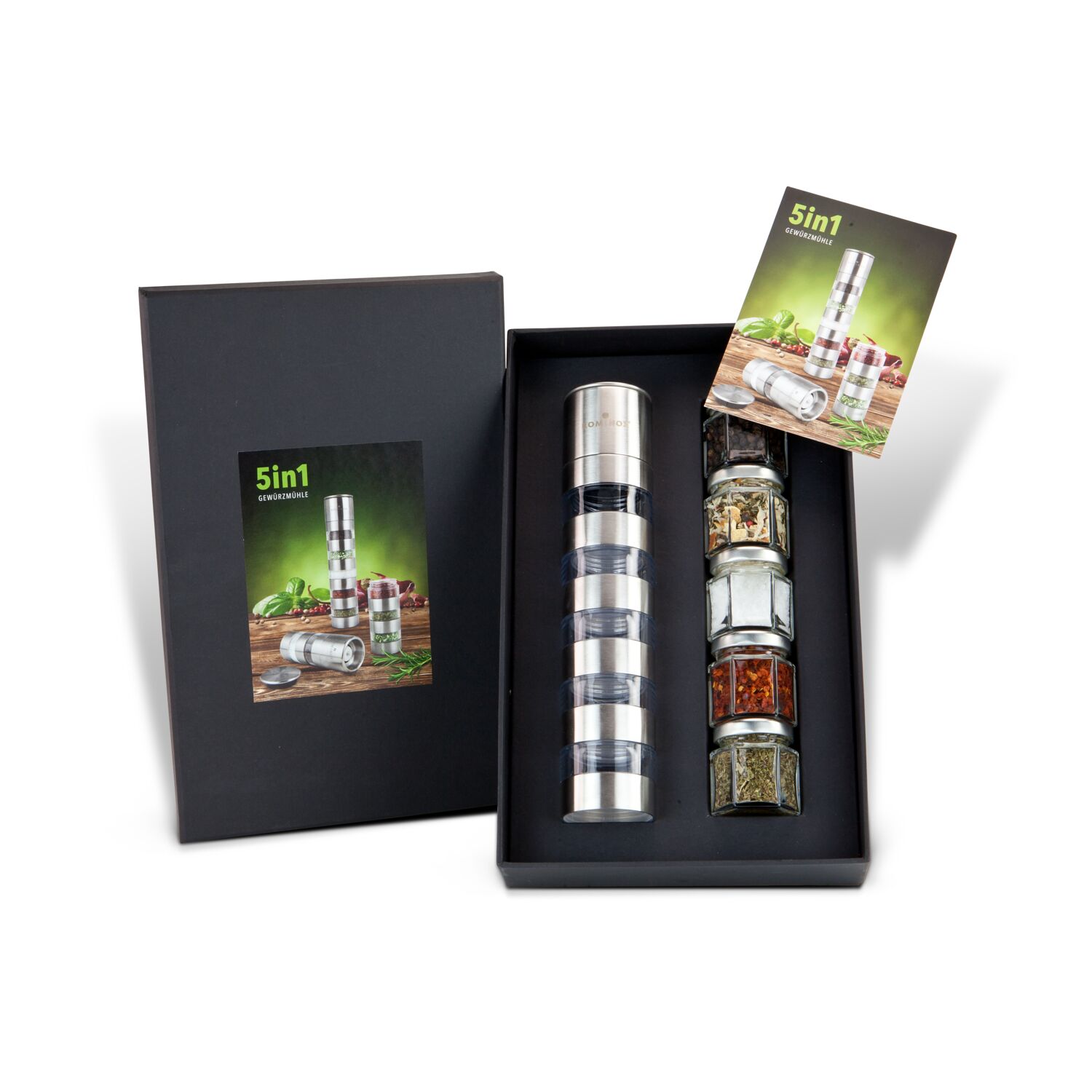 ROMINOX® Gewürzmühle für 5 Gewürze, als Präsent verpackt mit Toskana Mischung, italienischen Kräutern, Chili Schoten, Salz & Pfeffer.