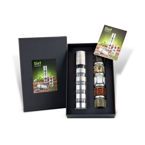 ROMINOX® Gewürzmühle für 5 Gewürze, als Präsent verpackt mit Toskana Mischung, italienischen Kräutern, Chili Schoten, Salz & Pfeffer.