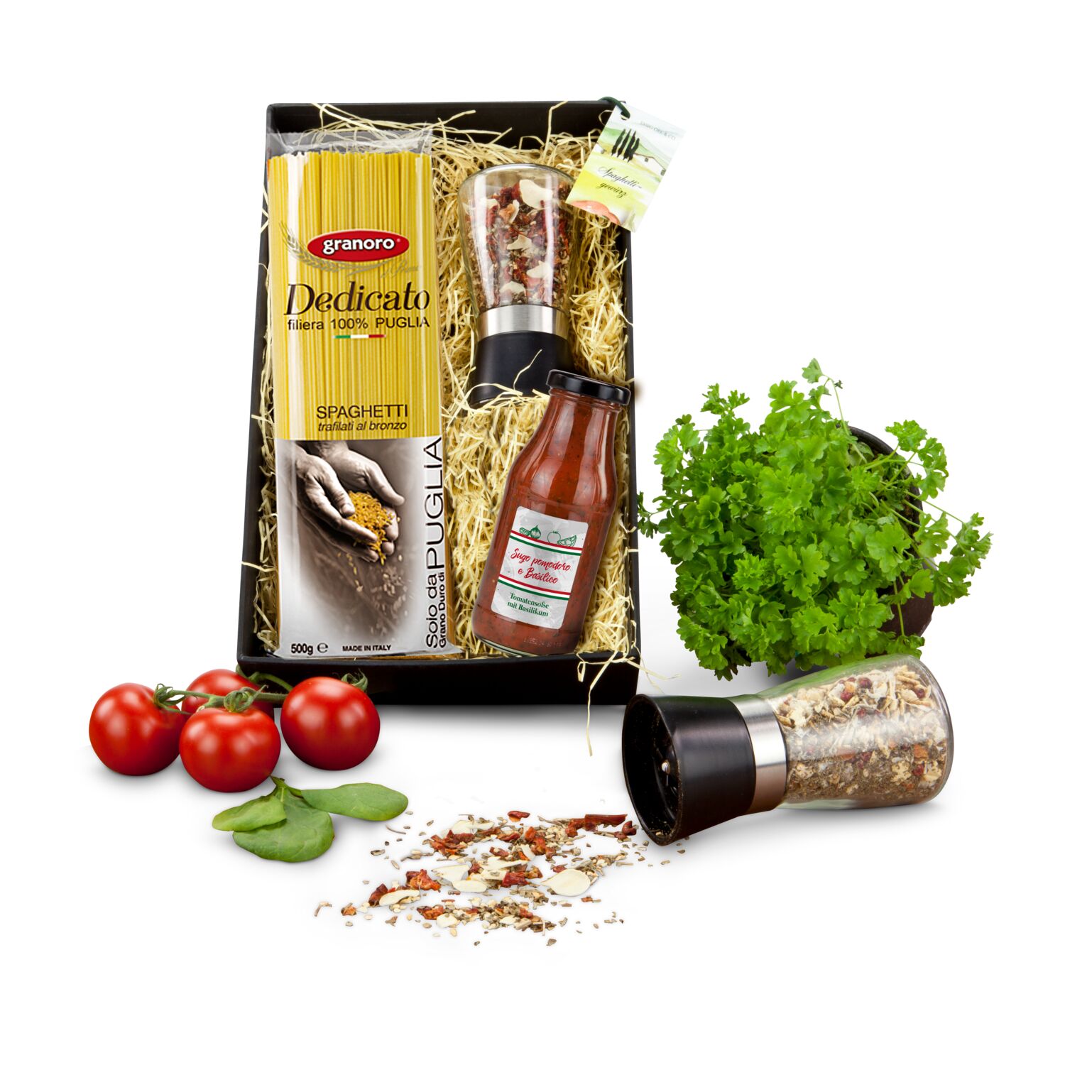 Für Spaghetti Liebhaber: 500 g original italienische Spaghetti al bronzo, 230 ml Sugo & 1 Mühle mit 55 g Spaghettigewürz. Kochen & genießen!