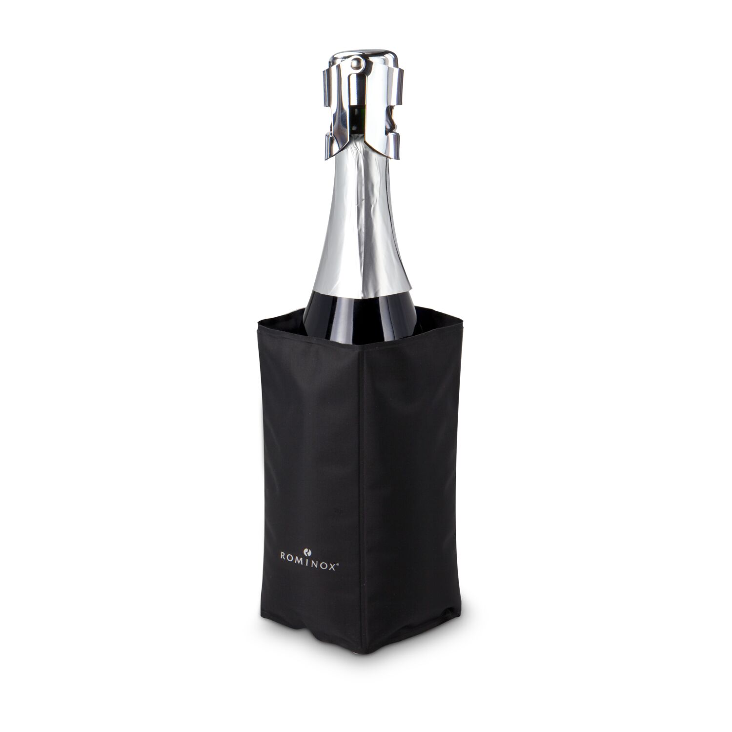 Ein edler Villa Römer Sekt (0,75 l) trocken in schwarz-matter Flasche dazu eine schwarze Kühlmanschette & ein Sektverschluss von ROMINOX®.