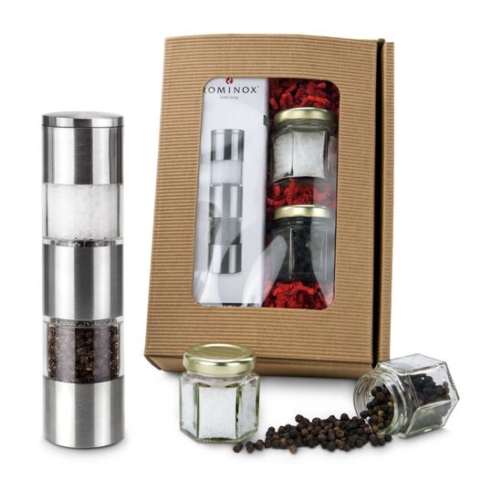 Ein kleines Set das es in sich hat: eine elegante Salz-und Pfeffermühle von ROMINOX® mit je 40g Salz und Pfeffer für den Start!