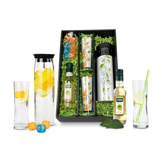 Elegante ROMINOX® Glaskaraffe (1 l) mit 2 passenden Gläsern, 1 Flasche Sirup Limette (0,25 l) & 6 bunten, wiederverwendbaren Eiswürfeln.
