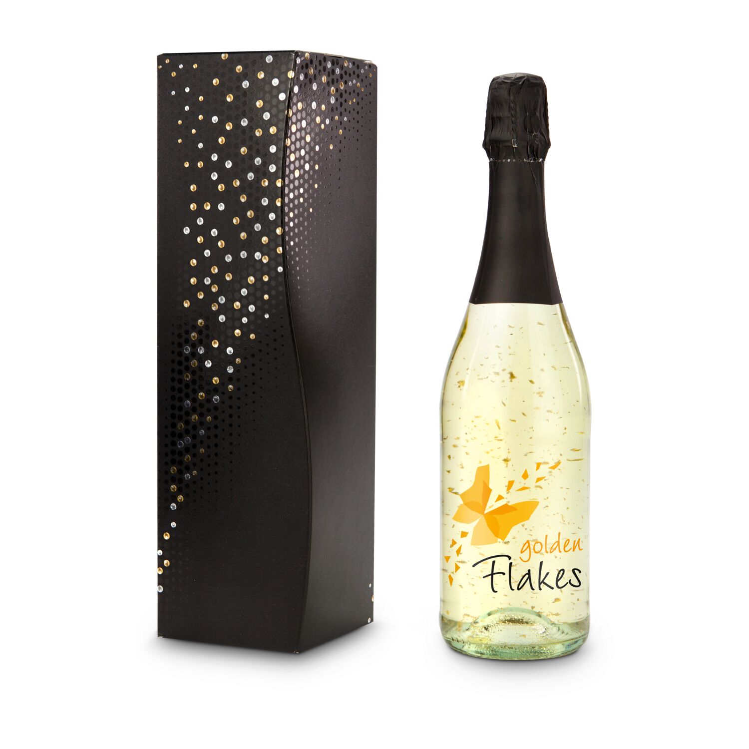 Exklusiv und golden: Eine Flasche Golden Flakes (0,75 l) mit echtem 22-karätigem Blattgold in schwarzer Kartonage mit Glitzerperlen.