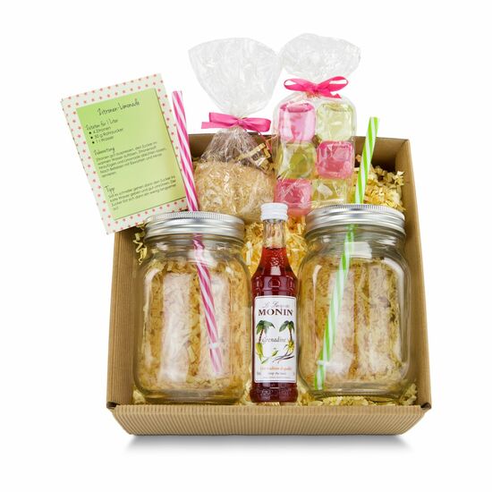 Limonade einfach selber machen! Limonadengläser mit Deckel & Mehrweg-Strohhalm, 6 Mehrweg-Eiswürfel, Rezeptkarte, Rohrzucker & Sirup.
