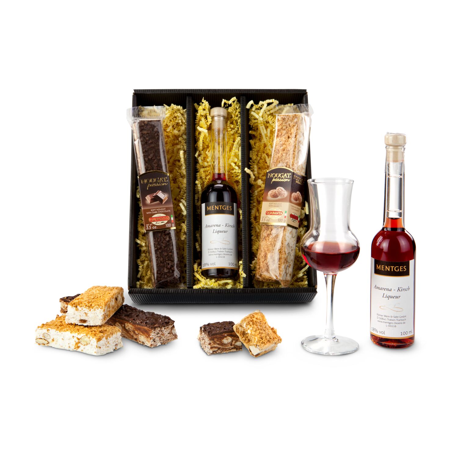 Zum Dahinschmelzen! 2 Stangen italienischer Softnougat (Amaretti & Haselnusscreme) je 100 g & ein MENTGES Amarena Kirsch-Likör (100 ml)