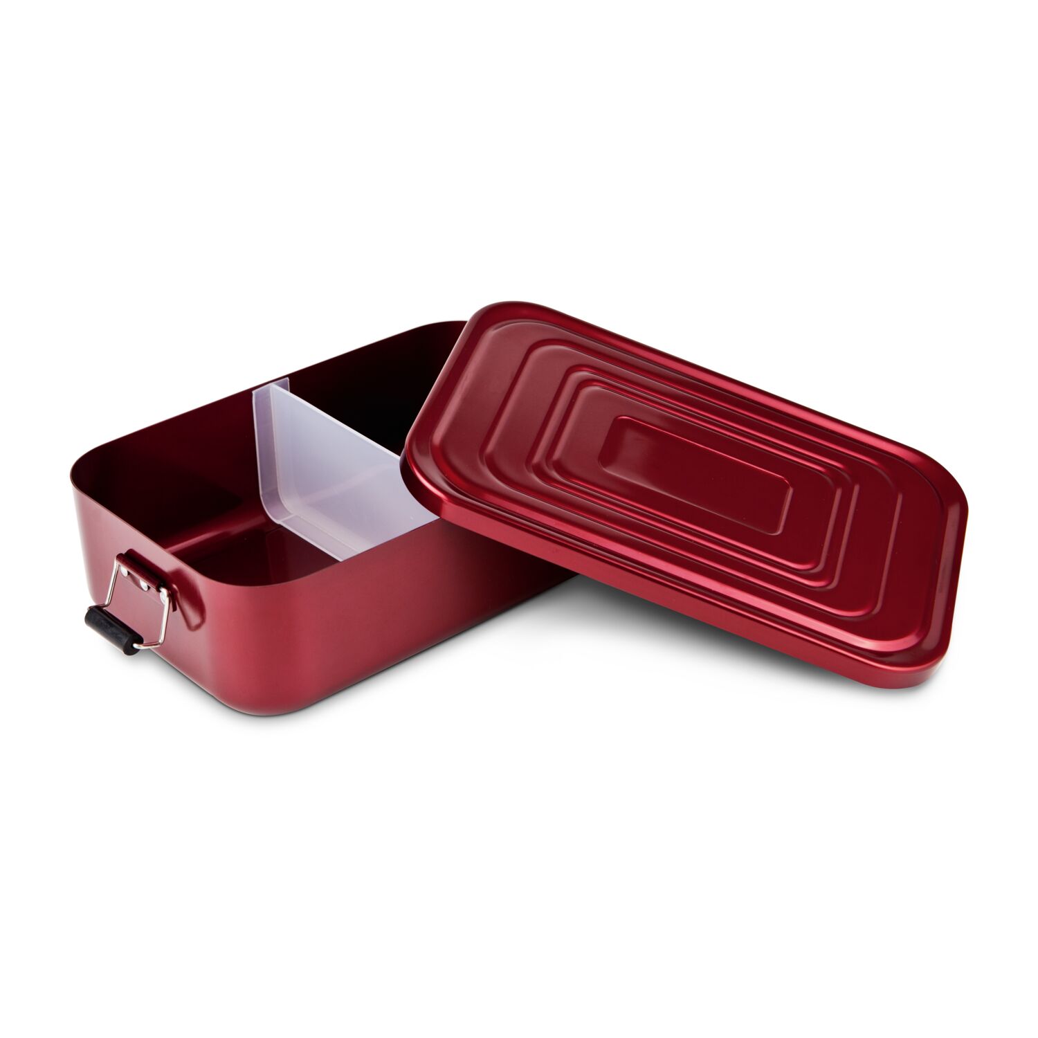 Mahlzeit für unterwegs - Hochwertige rote Aluminium Lunchbox, 4 Landjäger (125 g), 2 kleine Vollkornbrote & 250 ml Apfelschorle
