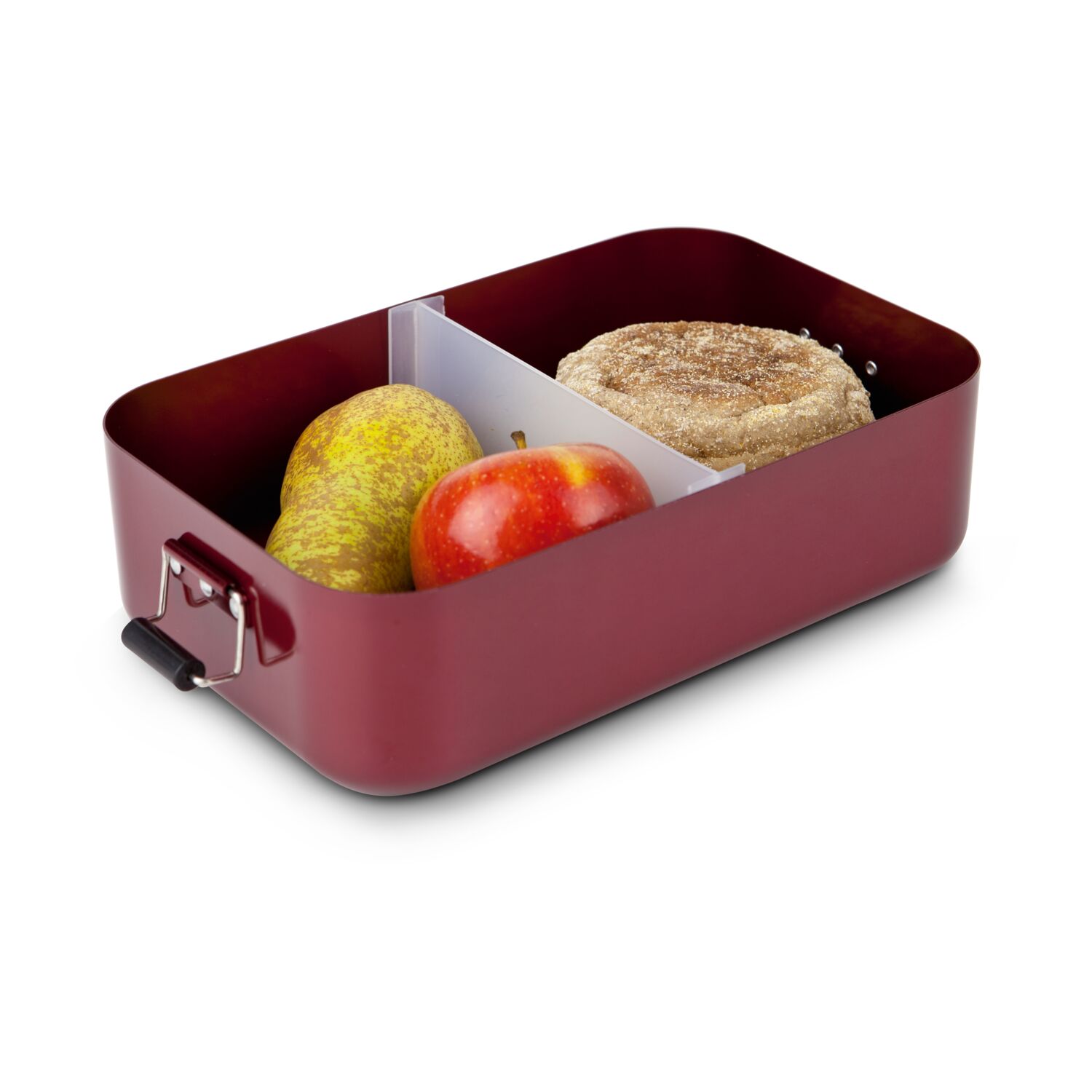 Mahlzeit für unterwegs - Hochwertige rote Aluminium Lunchbox, 4 Landjäger (125 g), 2 kleine Vollkornbrote & 250 ml Apfelschorle