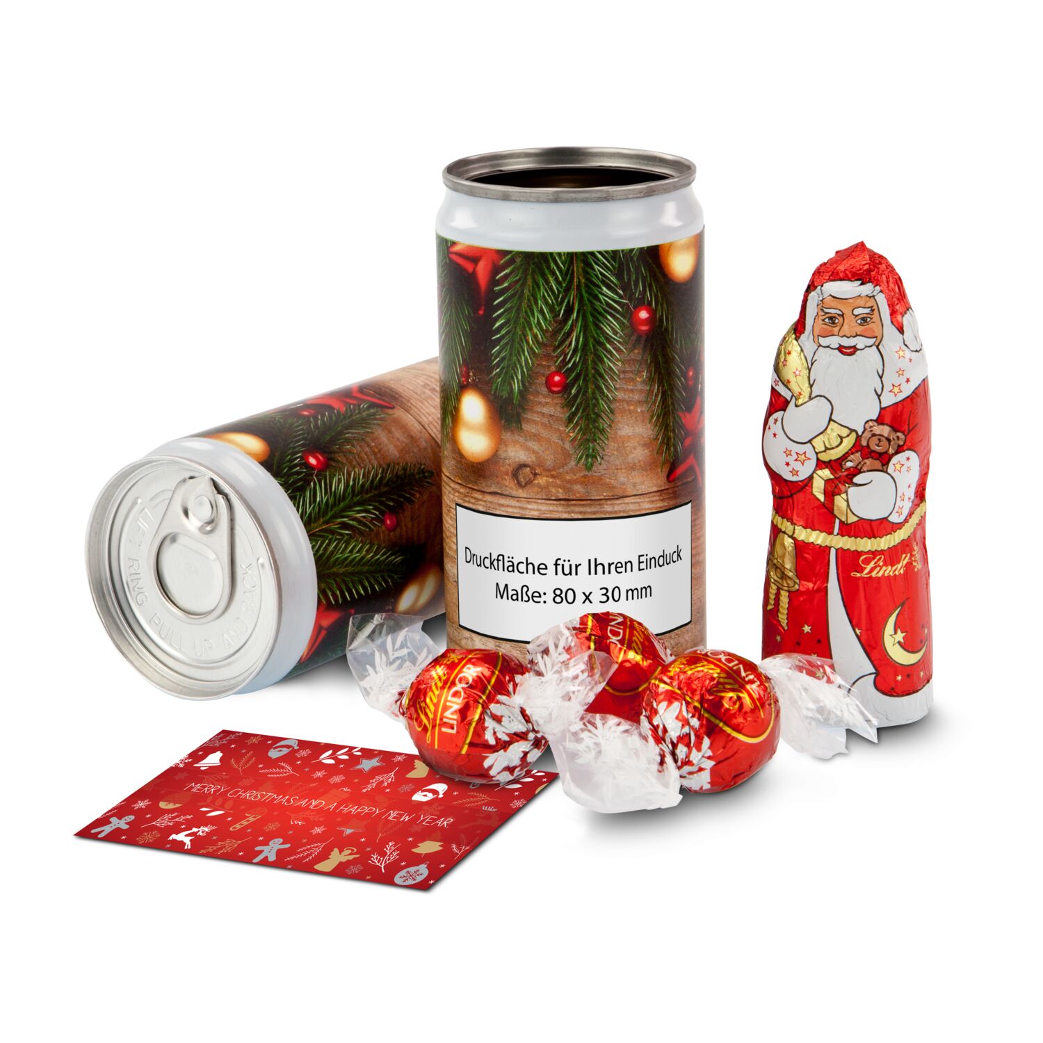 Weihnachtsüberraschung! Lindt Weihnachtsmann (ca. 40 g), 3 Lindt Lindorkugeln (je 12,5 g) und ein Weihnachtsgruß. In 4 Designs erhältlich.