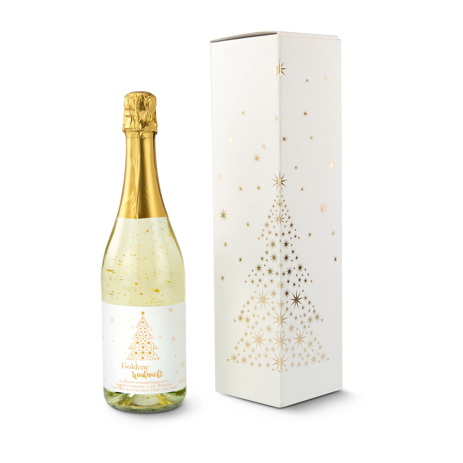 Ein frohes Weihnachtsfest! Aromatisiertes Sekt-Getränk (0,75 l) mit 22-karätigem Blattgold und 1 Wunderkerze für die Flasche.