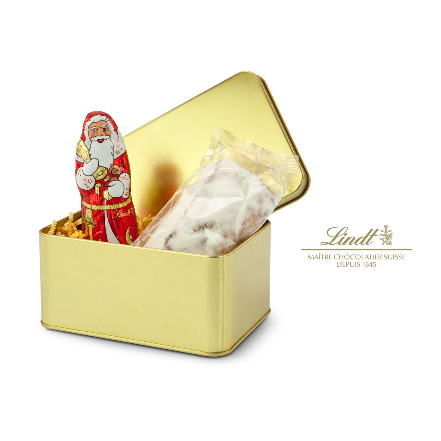 Goldene Dose mit einem leckeren weihnachtlichen Inhalt: ein Lindt-Weihnachtsmann & ein Ministollen. Perfekt zur Advents- und Weihnachtszeit.