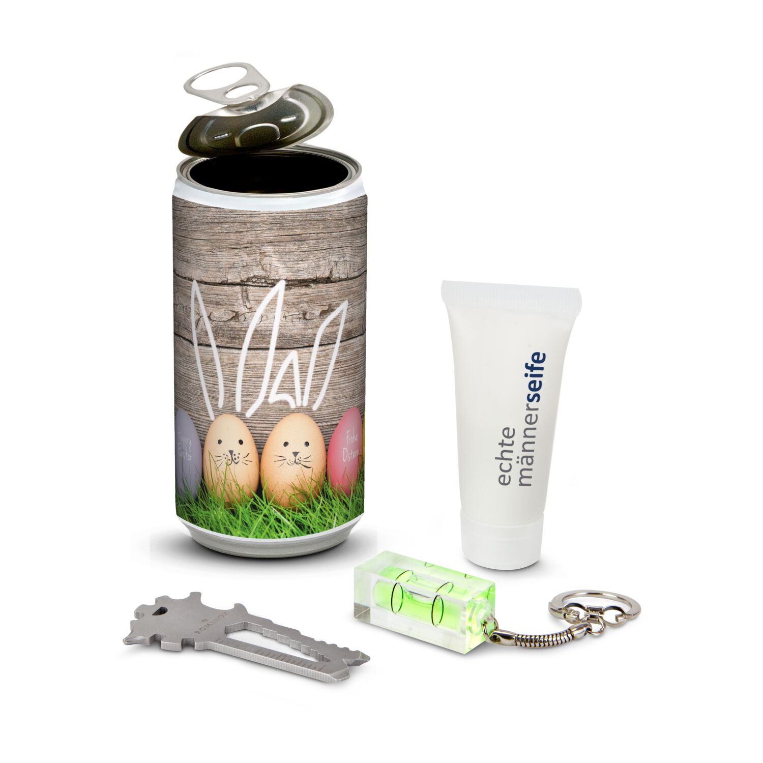 Echte Männerdose: an die Werkzeuge fertig los! 1 Multitool (sortiert) als Schlüsselanhänger, 1 Mini Wasserwaage, 1 Tube Duschgel.